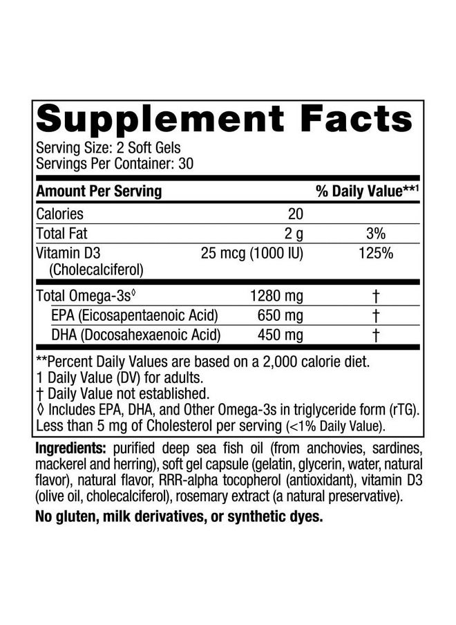 Nordic Naturals Ultimate Omega-D3, Lemon Flavor - 60 Soft Gels - 1280 mg Omega-3 + 1000 IU Vitamin D3 - Omega-3 Fish Oil - EPA & DHA - Promotes Brain, Heart, Joint, & Immune Health - 30 Servings