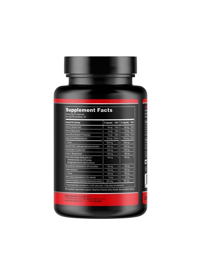 Gorilla Mind Nootropic Formula (150 Capsules) - Best Caffeinated Productivity Supplement / 8+ Hours of Focus and Energy