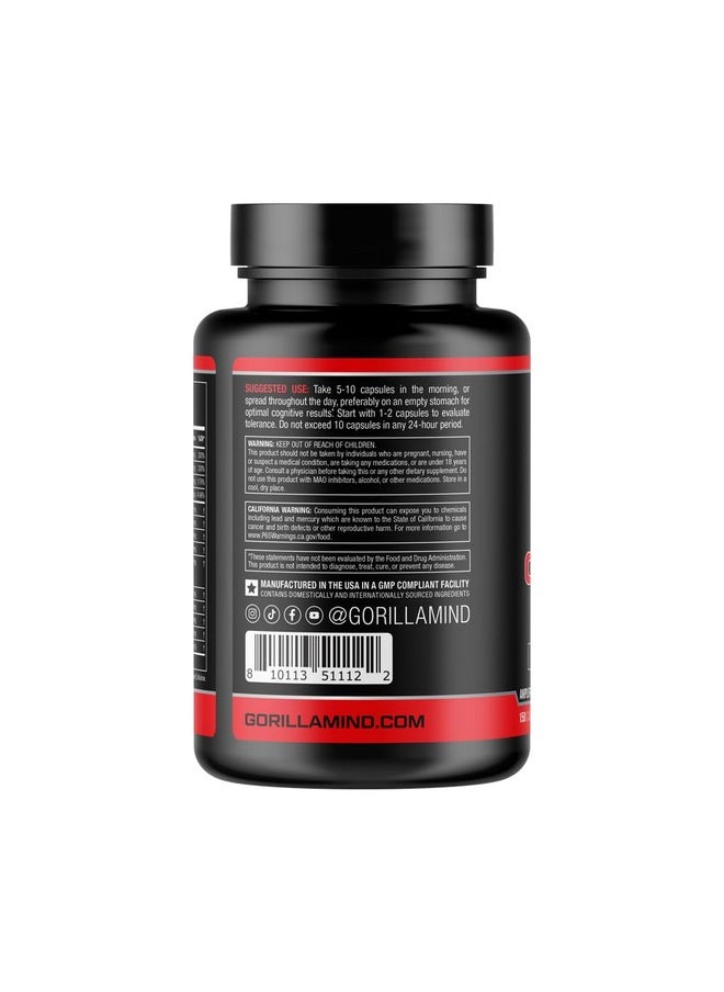 Gorilla Mind Nootropic Formula (150 Capsules) - Best Caffeinated Productivity Supplement / 8+ Hours of Focus and Energy