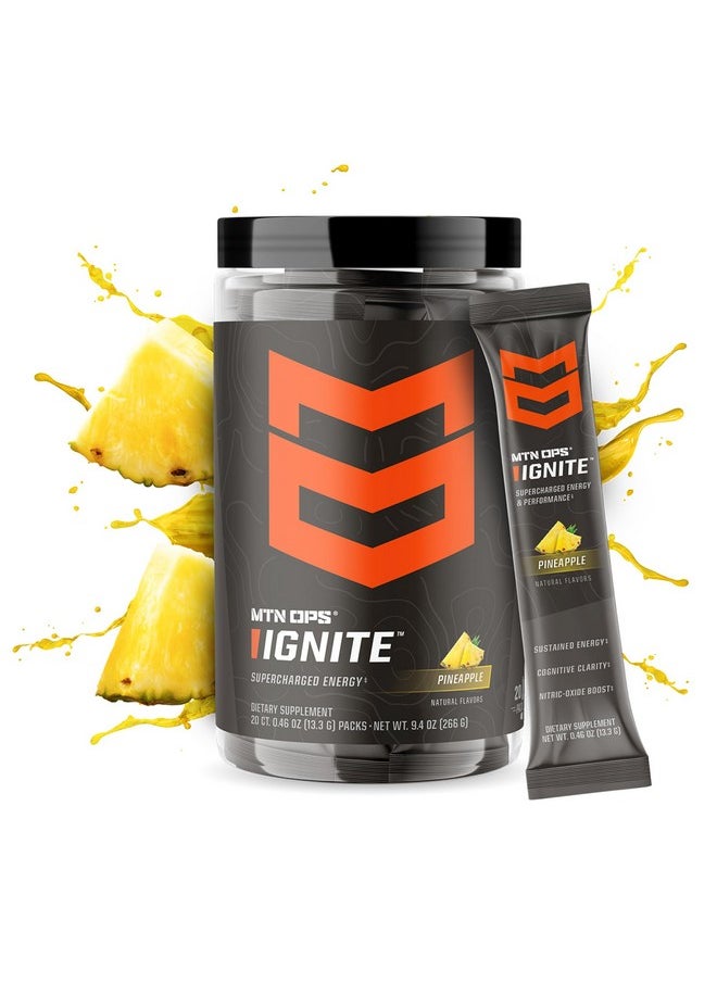 MTN OPS Ignite Trail Packs Energy Drink Powder, Gluten Free Nitric Oxide Supplement Drink Mix, L Arginine, L Citrulline, Caffeine & Nootropic Sugar Free Drink Mix, 20 Servings, Pineapple Crush