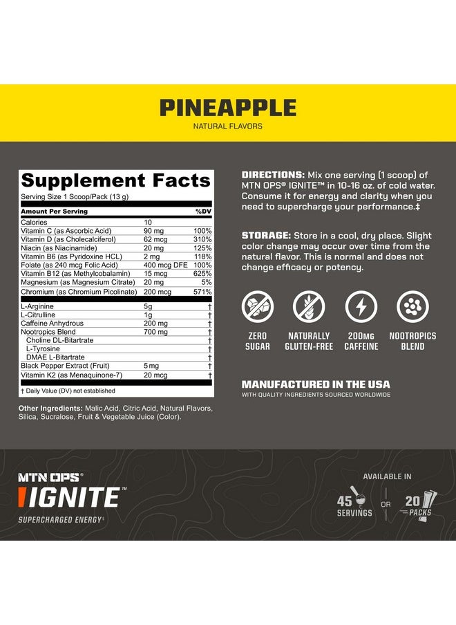 MTN OPS Ignite Trail Packs Energy Drink Powder, Gluten Free Nitric Oxide Supplement Drink Mix, L Arginine, L Citrulline, Caffeine & Nootropic Sugar Free Drink Mix, 20 Servings, Pineapple Crush