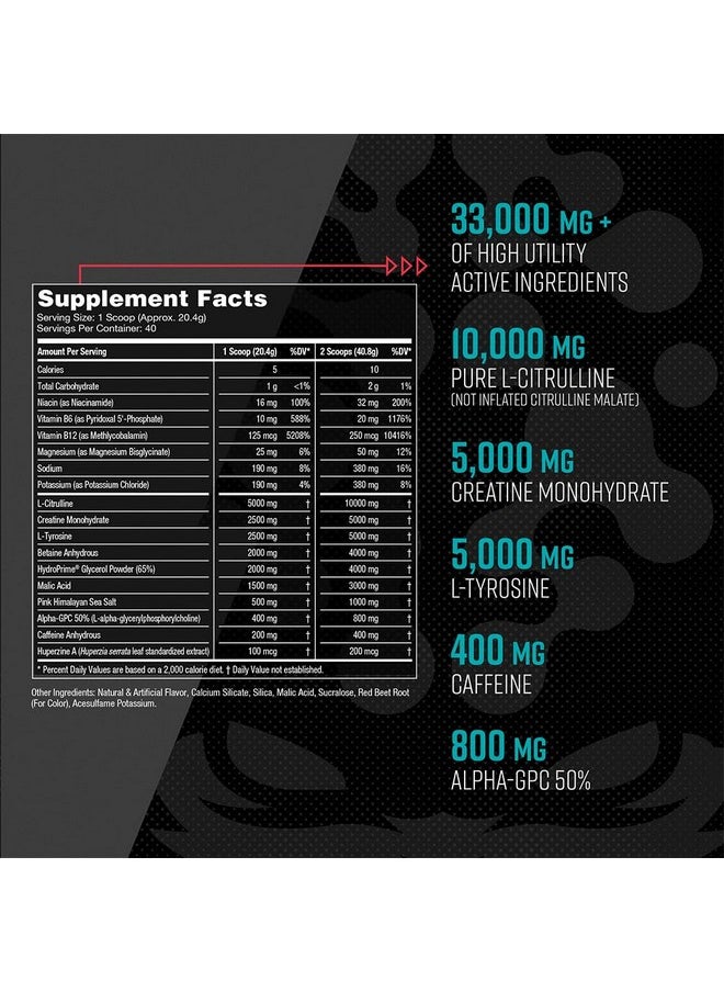 Gorilla Mode Pre Workout - Massive Pumps · Laser Focus · Energy · Power - L-Citrulline, Creatine, L-Tyrosine, Betaine, Hydroprime®, Alpha-GPC, 400mg Caffeine, Huperzine A - 800g (BlackBerry Lemonade)