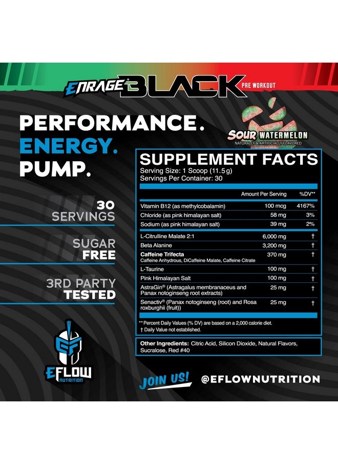 eFlow Nutrition Enrage Black High Stimulant Pre Workout Supplement - Preworkout Powder to Boost Energy, Pumps and Strength - 4 Flavors (30 Servings) (Sour Watermelon)