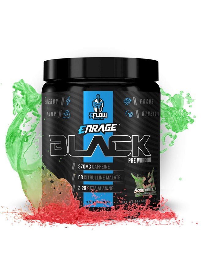 eFlow Nutrition Enrage Black High Stimulant Pre Workout Supplement - Preworkout Powder to Boost Energy, Pumps and Strength - 4 Flavors (30 Servings) (Sour Watermelon)