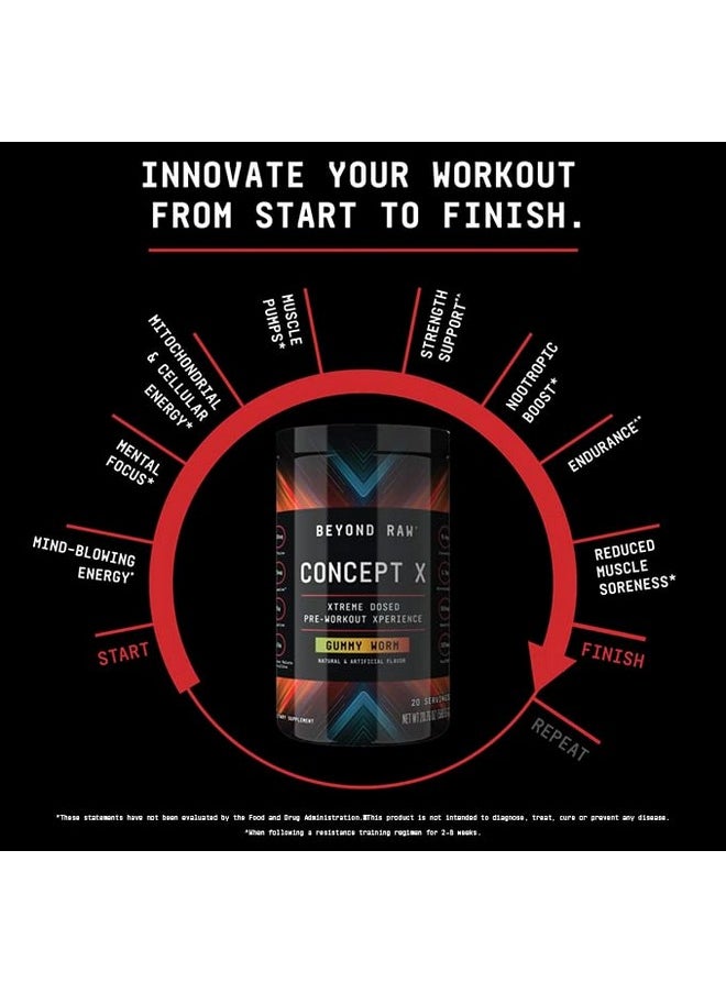 BEYOND RAW Concept X | Clinically Dosed Pre-Workout Powder | Contains Caffeine, L-Citrulline, Creatine, and Beta-Alanine | Gummy Worm | 20 Servings