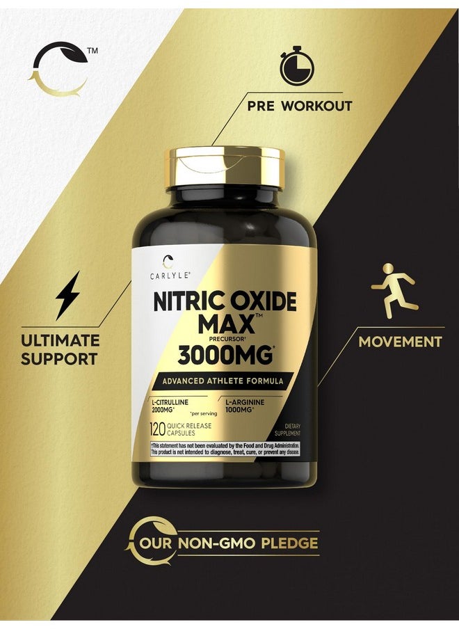 Carlyle Nitric Oxide Supplement 3000mg | 120 Capsules | Pre Workout with L-Arginine & L-Citrulline | Non-GMO, Gluten Free