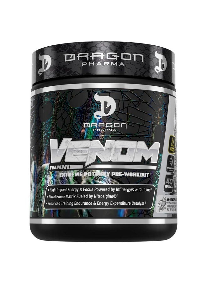 DRAGON PHARMA Venom Extreme Potency Pre-Workout, Laser Sharp Focus + Energy, Intense Performance, Proven Ingredients for Enhanced Vasodilation & Endurance (40 Servings, White Dragon)