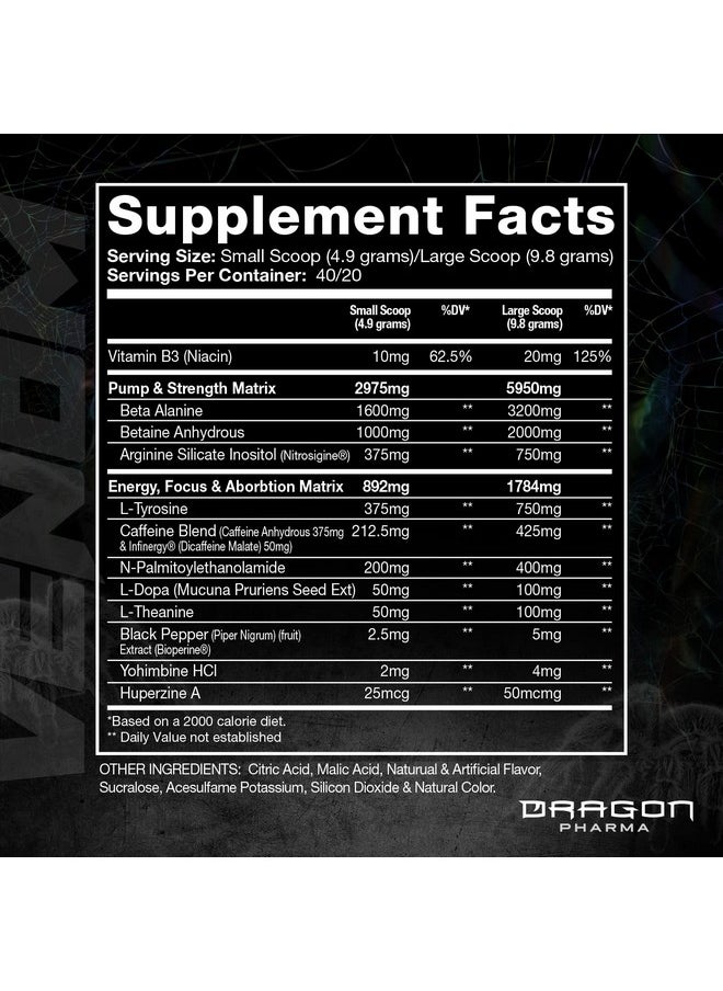 DRAGON PHARMA Venom Extreme Potency Pre-Workout, Laser Sharp Focus + Energy, Intense Performance, Proven Ingredients for Enhanced Vasodilation & Endurance (40 Servings, White Dragon)