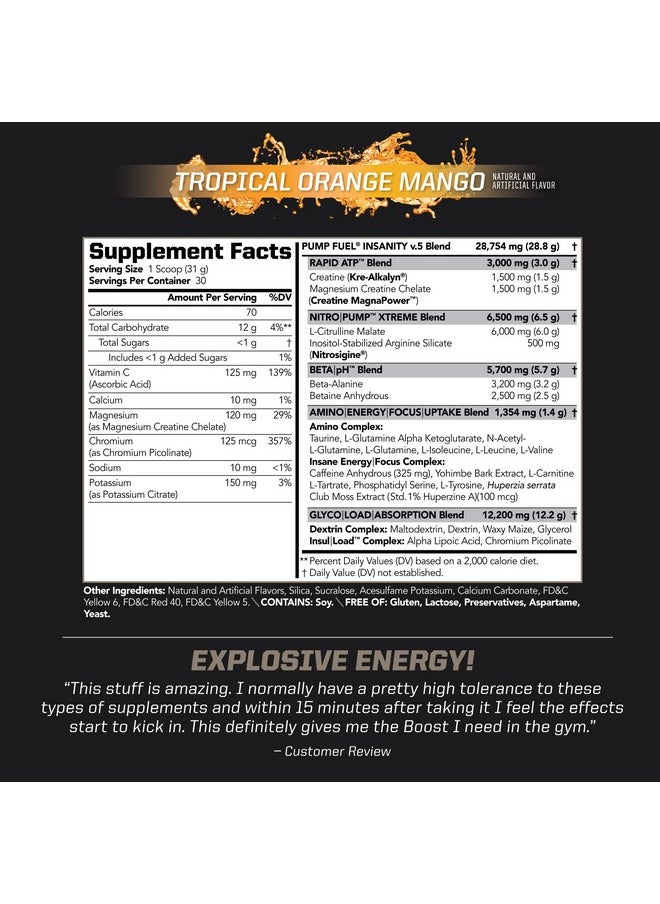 PMD Sports Ultra Pump Fuel Insanity - Pre Workout Drink Mix for Energy, Strength, Endurance, Recovery - Complex Carbohydrates and Amino Energy - Tropical Orange Mango (30 Servings)