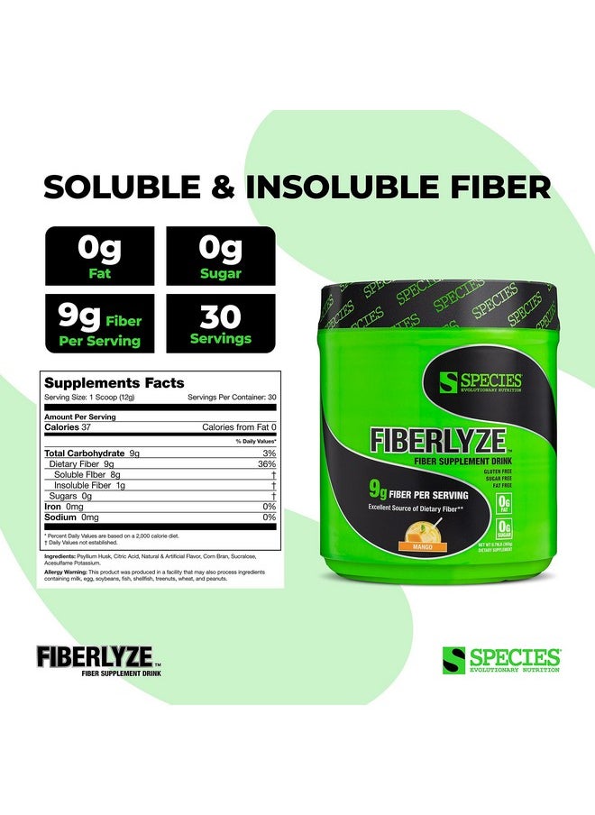 Species Nutrition Fiberlyze Fiber Supplement, Psyllium Based Soluble & Insoluble Fiber Powder for Healthy Colon, Digestive Functions (Mango, 30 Servings)