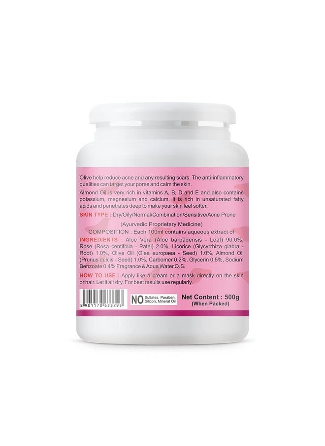 Aloe Rose Gel With Pure Aloe Vera, Olive & Vitamin E For Face, Skin & Hair - Moisturizing, Sunburn, Acne Scars, Wrinkles & Dark Circles (500 Gram)