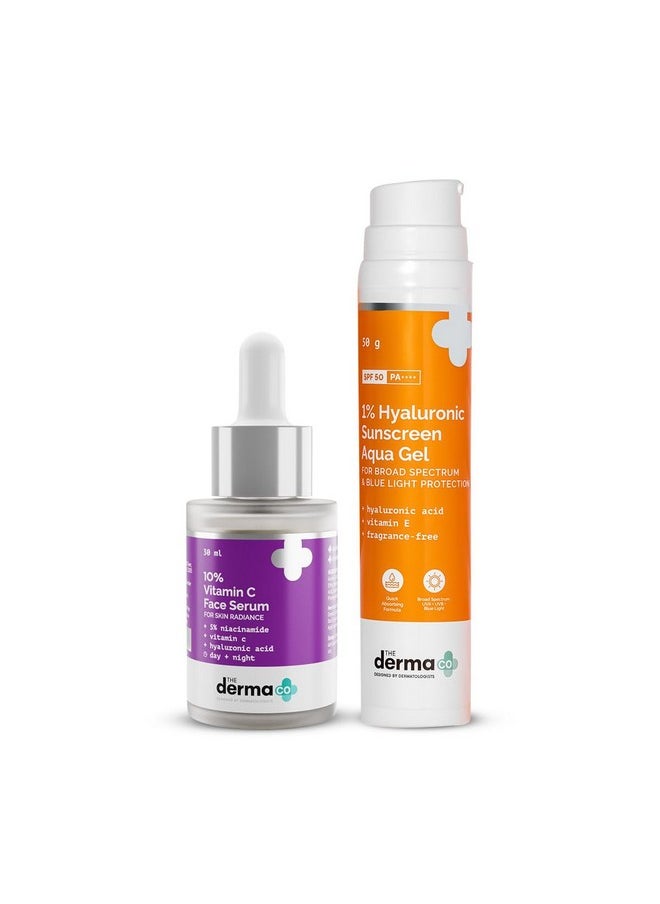 Glow & Protect Combo - 10% Vitamin C Face Serum (30 Ml) + 1% Hyaluronic Sunscreen Aqua Gel (50 G)