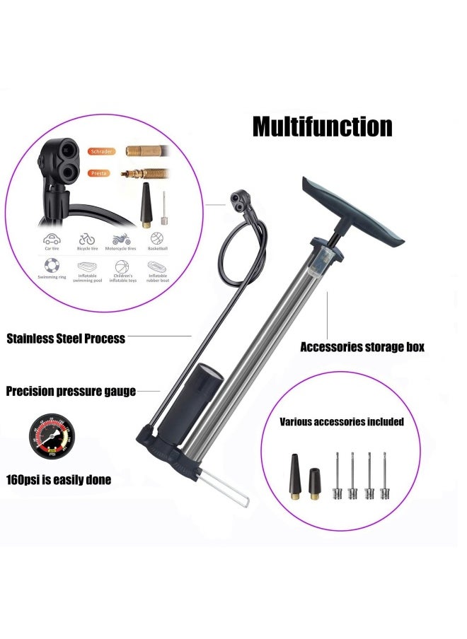 Bike Pump Portable, Ball Pump Inflator Bicycle Floor Pump with high Pressure Buffer Easiest use with Both Presta and Schrader Bicycle Pump Valves-160Psi Max