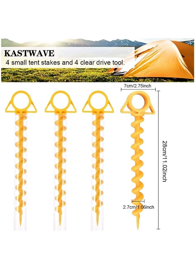 4 Pieces yellow Canopy Stakes Tent Pegs, Screw Spiral Tent Ground Anchor Stakes, Heavy Duty Screw Shape Ground Anchor Nail for Camping, Sandbeach, Rain Tarps, and Hiking.