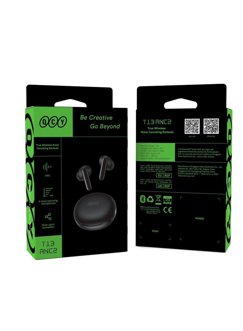 T13 ANC 2 Truly Wireless ANC Earbuds With Noice Cancellation, 30 Hours Long Battery Life, 5.3 Bluetooth Multipoint and Stable Connections - Black