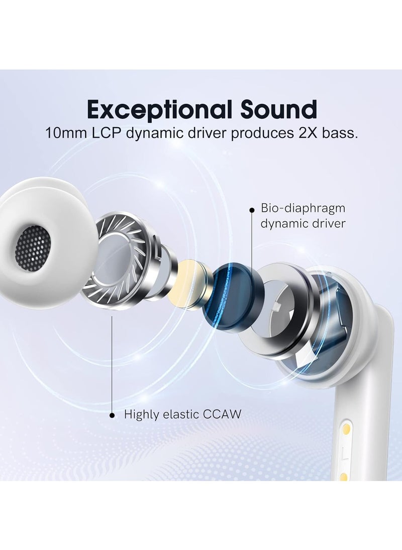 T13 ANC Bluetooth Earphones Active Noise Cancelling Earbuds 4 Mics AI Clear Calls Bluetooth 5.3 Bass Boost True Wireless Earbud Headphones 30H Playtime Ear Buds for iPhone Android White