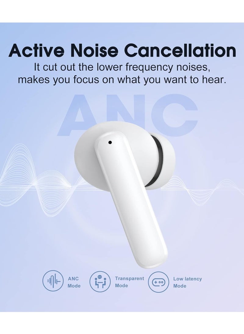 T13 ANC Bluetooth Earphones Active Noise Cancelling Earbuds 4 Mics AI Clear Calls Bluetooth 5.3 Bass Boost True Wireless Earbud Headphones 30H Playtime Ear Buds for iPhone Android White