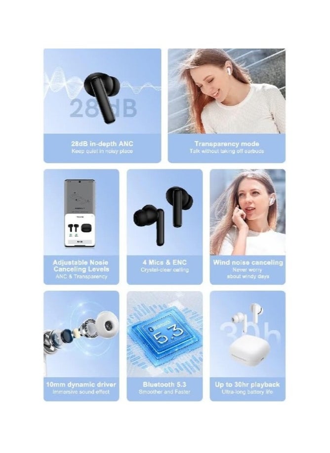 T13 ANC Bluetooth Earphones Active Noise Cancelling Wireless Earbuds Bluetooth 5.3 Stereo Bass in Ear Earphones 4 Mics Clear Calls 30H Playtime 2hr Charge Black