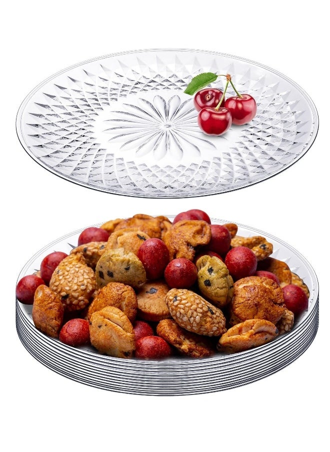 10 Pcs Round Serving Platter, Reusable Acrylic Crystal Flan Plate Plastic Tray Clear Round Serving Tray for Food Cake Cookie Fruits Birthday Wedding Party (10 Inch)