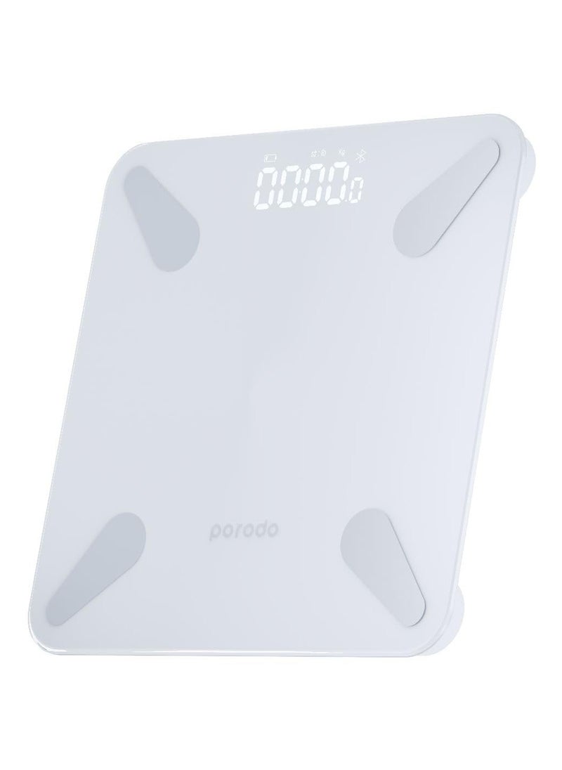 Porodo Bluetooth Smart Body Scale | Track Your Protein Amount, Body Score, and Fat Mass | 18 Health Values | Supports 8 User Profiles, Interactive Android/iOS Application (White)