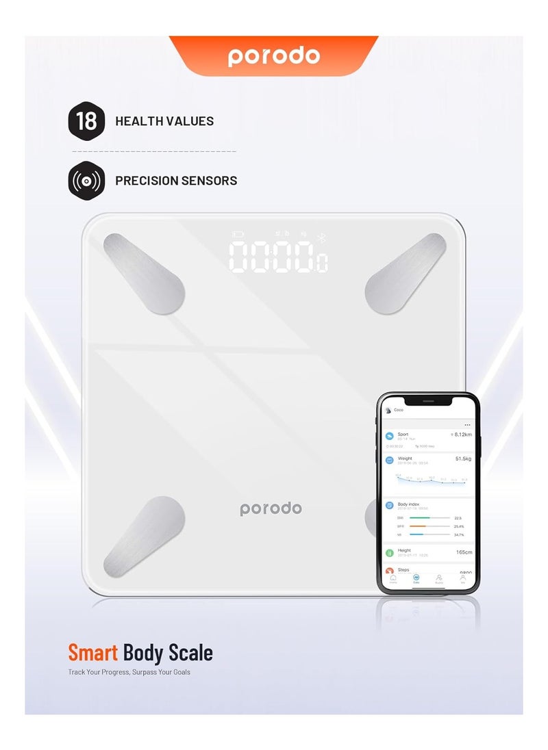 Porodo Bluetooth Smart Body Scale | Track Your Protein Amount, Body Score, and Fat Mass | 18 Health Values | Supports 8 User Profiles, Interactive Android/iOS Application (White)