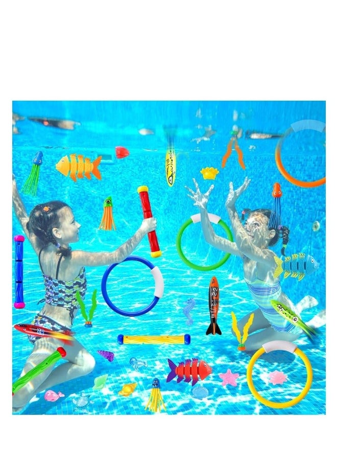 26PCS Diving Toys Underwater Swim Pool Summer Swimming Dive Toy Sets Water Rings Sticks Octopus Torpedo Bandits Fish Balls for Kids Swim Birthday Party Favors