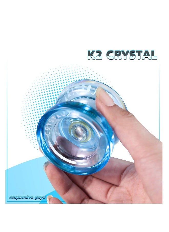 K2 Crystal Responsive Yoyo, Professional Dual Function Yoyo Replacement Unresponsive Bearing for Intermediate with Bearing Remover, Bag, 5 Yoyo Strings (Blue)