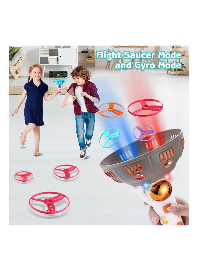 LED Astronaut Flying Disc Launcher with Sounds, Flying Saucer and Gyro Mode with 2 Alien Shape and 4 Regular Flying Saucer, Indoor Outdoor Toys for Kids Ages 3-5, Brown