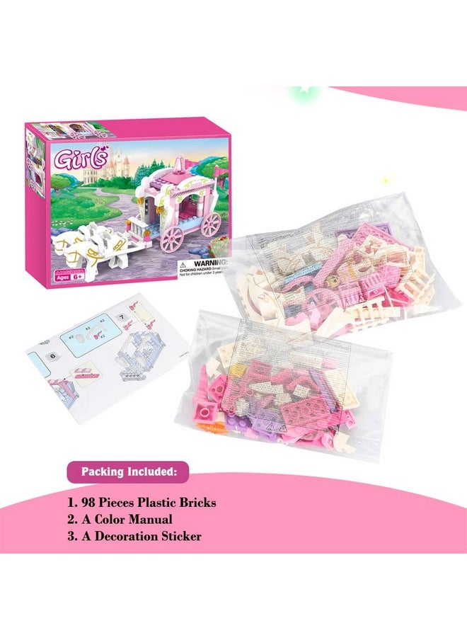 Girls Princess Carriage Building Sets Pink Royal Carriage Ride For Princess Building Blocks Creative Fairy Buildable Toys For Kids Age 6-12 And Up, 98 Pieces