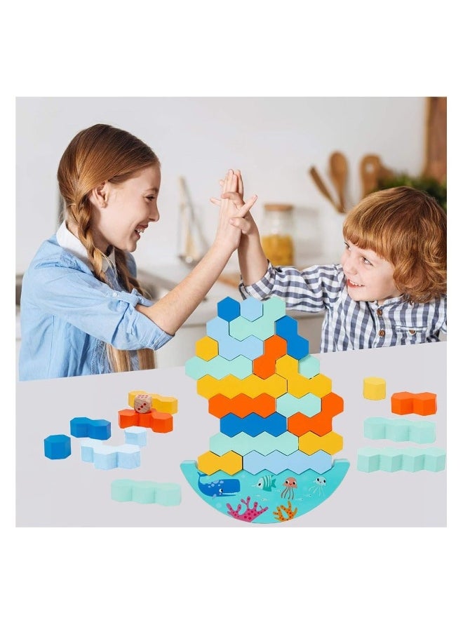 Tower Balance Game, Stacking Wooden Blocks Puzzle Toy Board Games for Kids & Adults Building Tower Game Balancing Building Blocks with Dice for Family Games, Parties