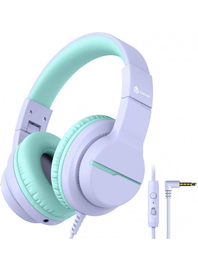 iClever HS19 Kids Headphones with Microphone for School, Volume Limiter 85/94dB, Over-Ear Girls Boys Headphones for Kids with Shareport, Foldable Wired Headphones for iPad/Travel (Purple)