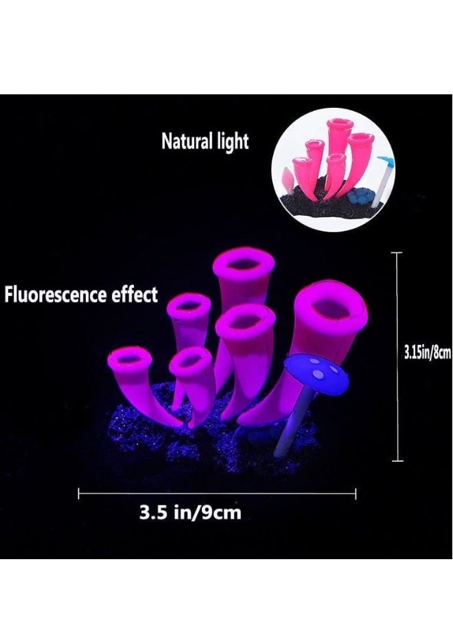 4 Pieces Silicone Glow Fish Tank Decorations Plants with Simulation Silicone Coral, Artificial Horn Coral,Fluorescence Sea Anemone for Aquarium Fish Tank Glow Ornament