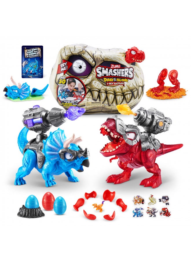 Smashers Dino Island T-Rex Battles (Red Version) by ZURU 50+ Surprises Boys Collectible Dinosaur T-Rex Triceratops Surprise Slime Sand Compounds Discovery