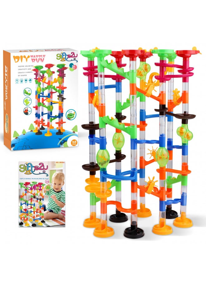 Gifts2U Marble Run Toy,168Pcs Educational Construction Maze Block Toy Set, STEM Learning Building Block Toy for Kids and Parent-Child Game(136 Translucent Plastic Pieces + 32 Glass Marbles)