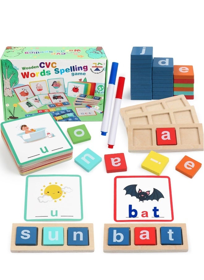 Building Block Toy, Wooden Reading Letters CVC Word Spelling Games, Montessori Educational Toy, Homeschool Classroom Phonic Games, Suitable for 3 4 5 Years Old Kids