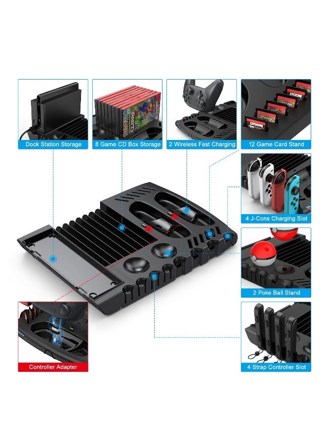 Switch Accessories Organizer Station, Controller & J-Cons Charger, Switch Storage for Games, TV Dock, Pro Controller, Wrist Strap, Compatible with NS & OLED