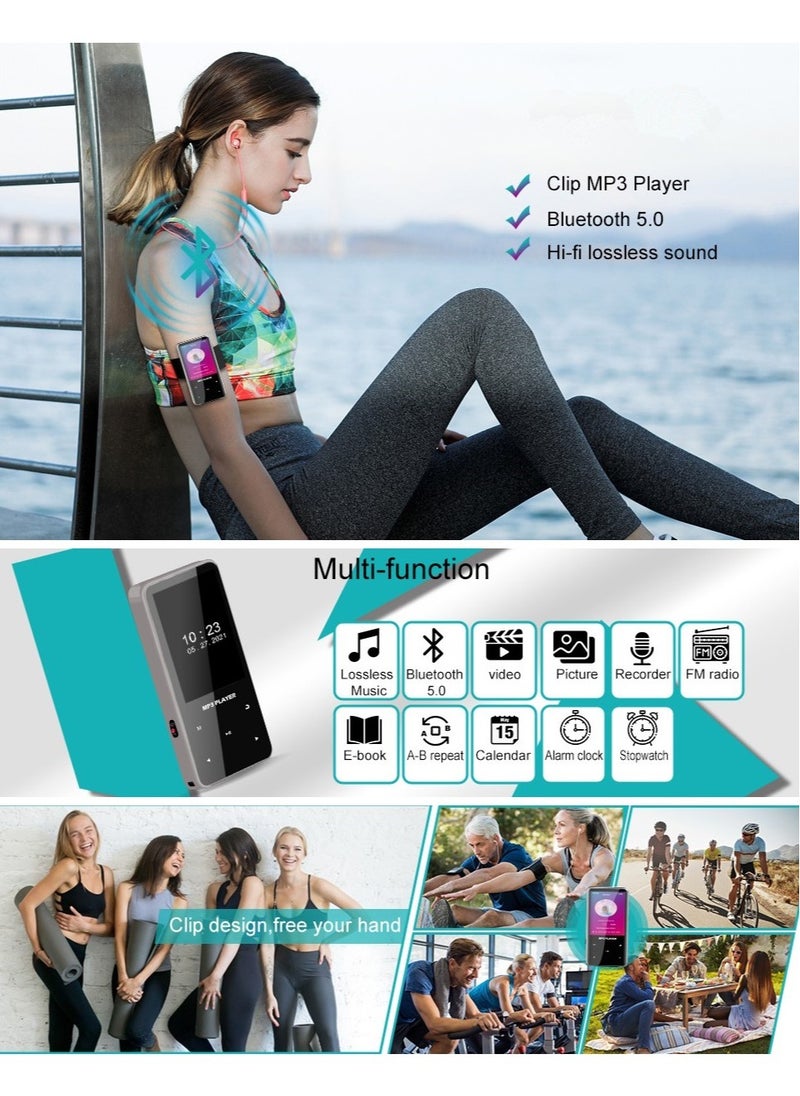 96GB Mp3 Player with Bluetooth 5.0 Music Player Voice Recorder Portable Digital Lossless Music MP3 MP4 Player for Kids with FM Radio HD Speaker for Sports Running Super Light Metal Shell Touch Buttons