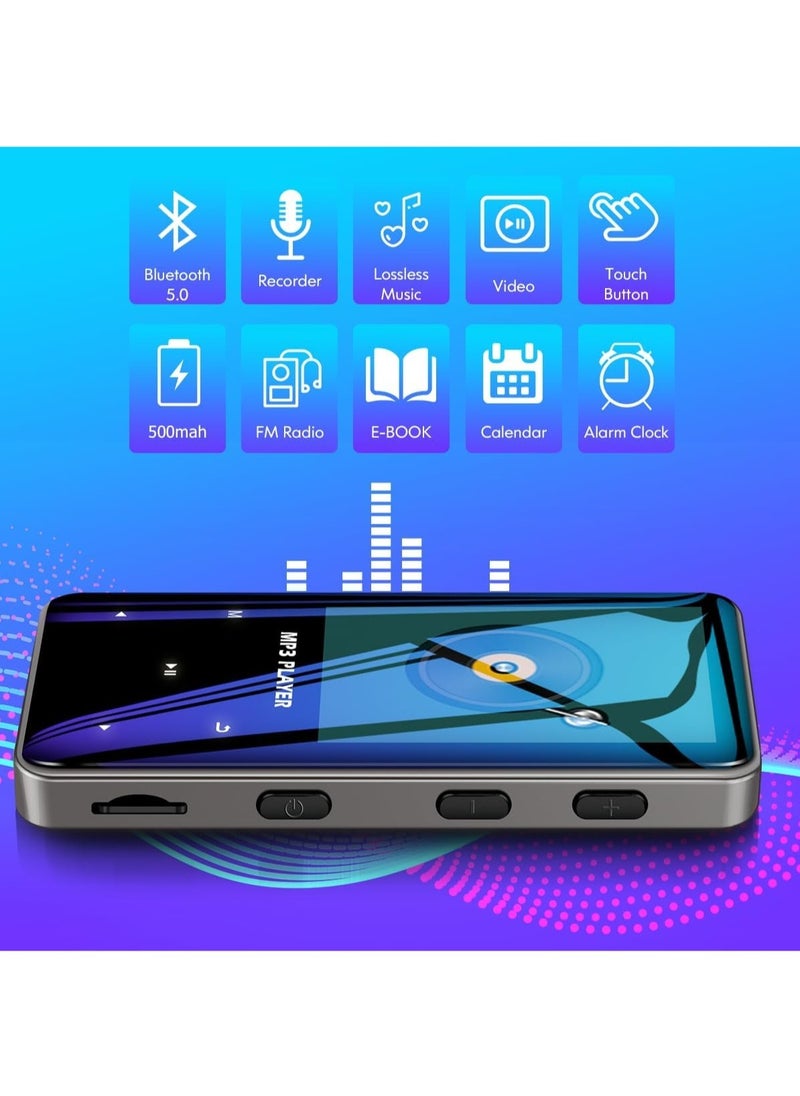 96GB Mp3 Player with Bluetooth 5.0 Music Player Voice Recorder Portable Digital Lossless Music MP3 MP4 Player for Kids with FM Radio HD Speaker for Sports Running Super Light Metal Shell Touch Buttons