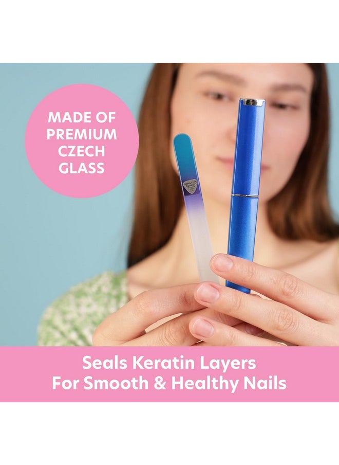 Bona Fide Beauty Glass Nail File With Case, Aqua Cobalt Czech Glass Fingernail Files Handcrafted From The Eu