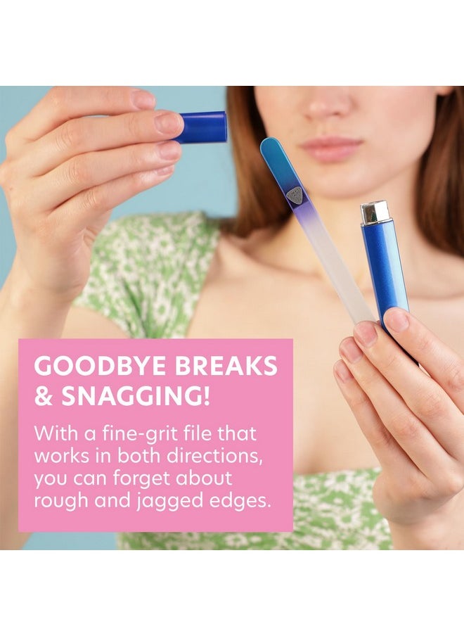 Bona Fide Beauty Glass Nail File With Case, Aqua Cobalt Czech Glass Fingernail Files Handcrafted From The Eu