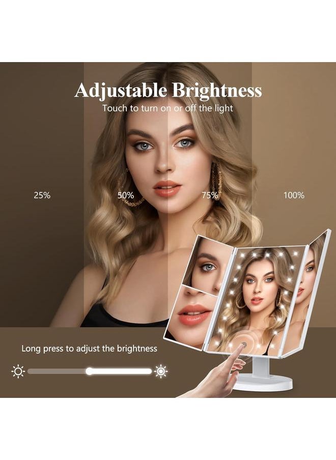 Makeup Mirror Vanity Mirror with Lights, 2X 3X 10X Magnification, Lighted Makeup Mirror, Touch Control, Trifold Makeup Mirror, Dual Power Supply, Portable LED Makeup Mirror, Women Gift (White)