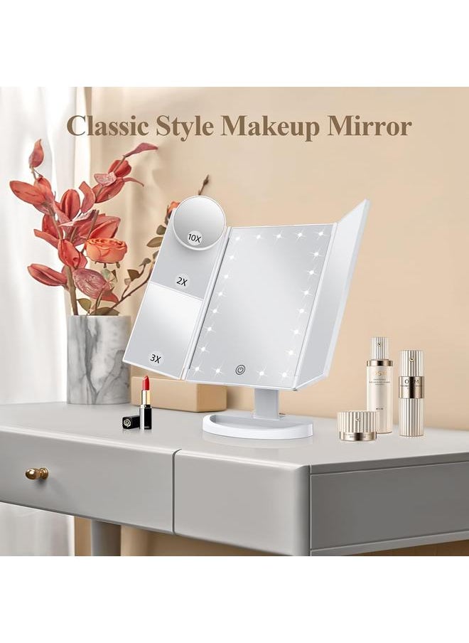 Makeup Mirror Vanity Mirror with Lights, 2X 3X 10X Magnification, Lighted Makeup Mirror, Touch Control, Trifold Makeup Mirror, Dual Power Supply, Portable LED Makeup Mirror, Women Gift (White)