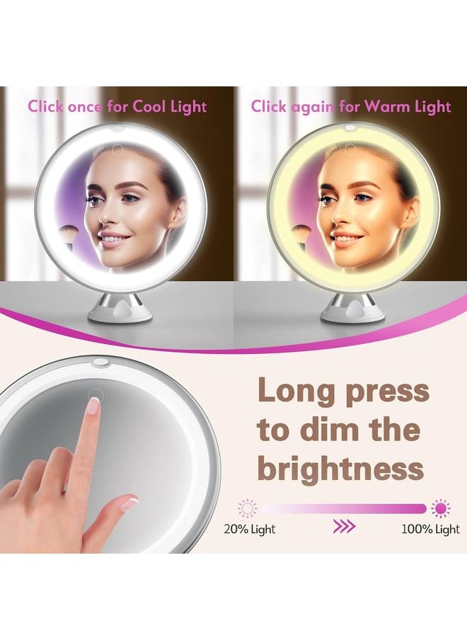 bluejw Upgraded 10x Makeup Mirror with Touch Control, Powerful Locking Suction Cup, and 360 Degree Rotating,Magnifying Mirror with Lights for Home, Bathroom and Travel