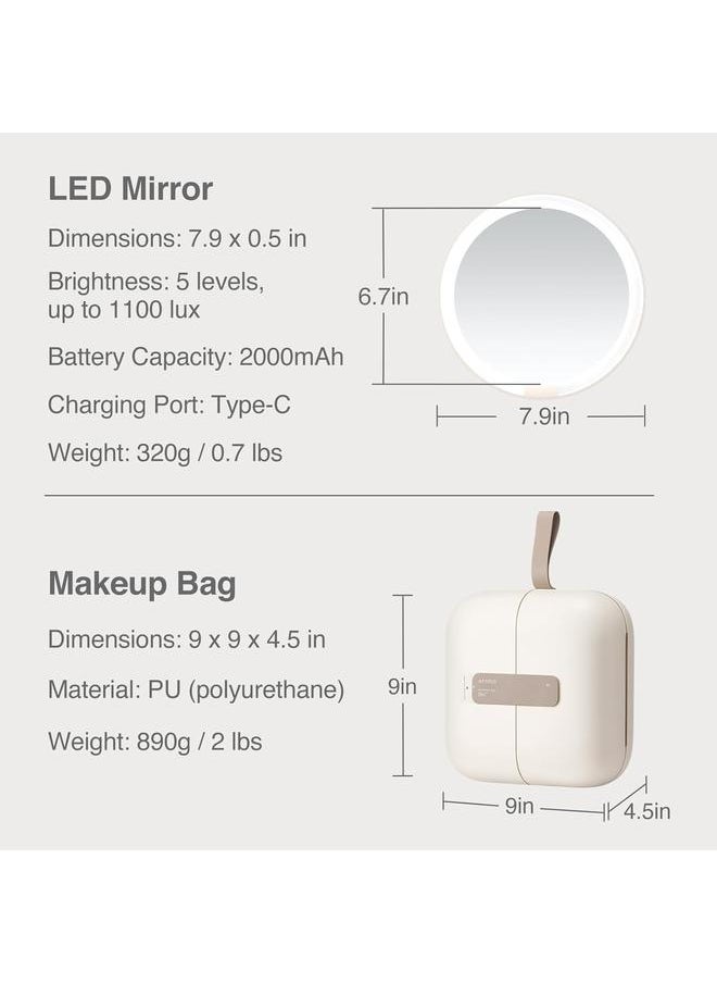 bluejw M2 LumoCube Makeup Mirror with Bag - Portable LED Makeup Mirror with Lights, 5-Level Brightness, 3-Color Lights - Travel Makeup Organizer - White