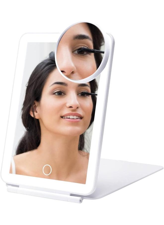 LED Foldable Travel Makeup Mirror - 5x7 inches 3 Colors Light Modes USB Rechargeable Touch Screen, Portable Tabletop Cosmetic Mirror for Travel, Cosmetic, Office (White)