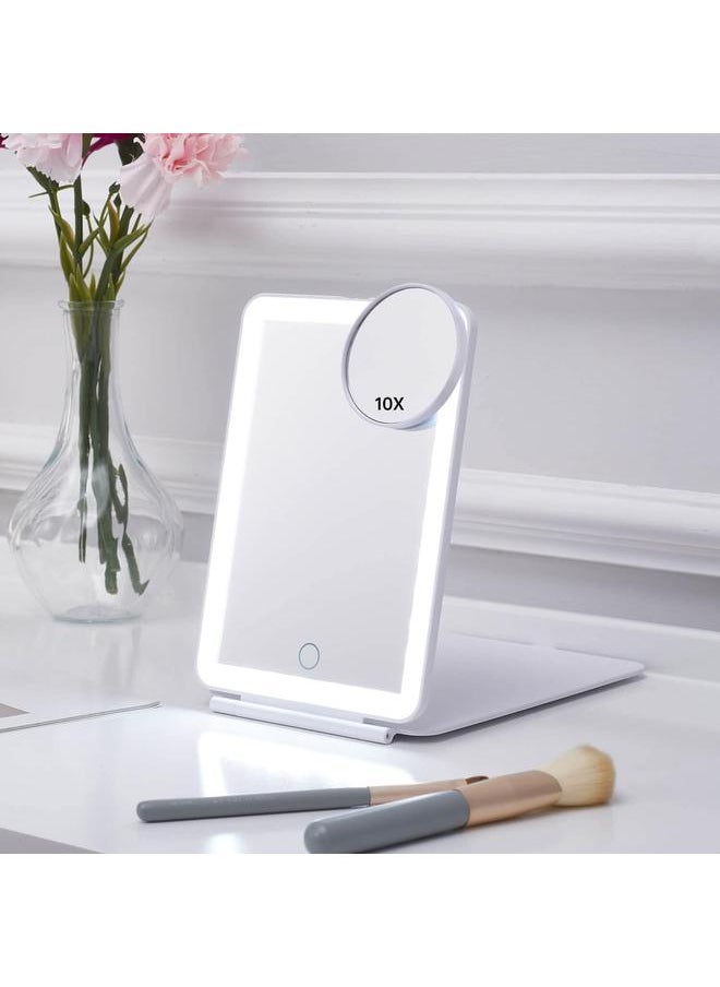 LED Foldable Travel Makeup Mirror - 5x7 inches 3 Colors Light Modes USB Rechargeable Touch Screen, Portable Tabletop Cosmetic Mirror for Travel, Cosmetic, Office (White)