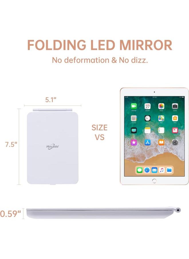 LED Foldable Travel Makeup Mirror - 5x7 inches 3 Colors Light Modes USB Rechargeable Touch Screen, Portable Tabletop Cosmetic Mirror for Travel, Cosmetic, Office (White)