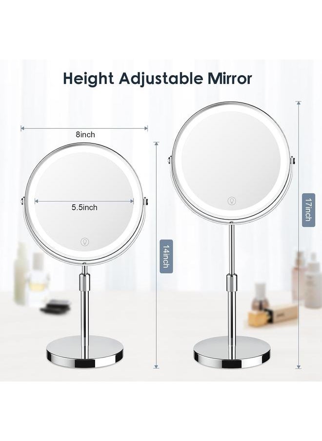 Makeup Mirror with Lights, Height & Brightness Adjustable Lighted Makeup Mirror with 10x Magnification, 8