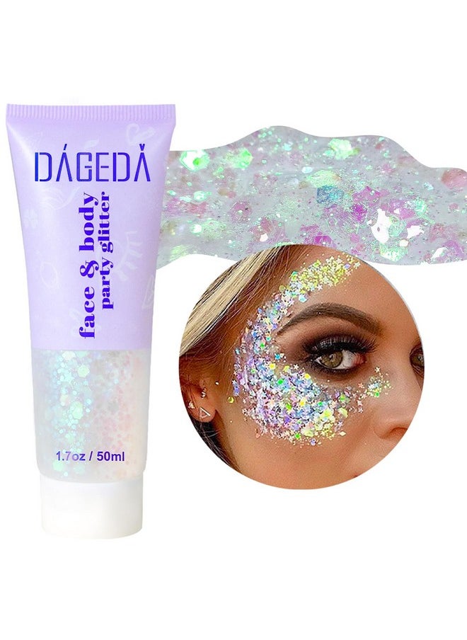 Body Glitter Gel, Face Glitter Body Gel Sequins Shimmer Liquid Eyeshadow, Chunky Glitter For Face Hair Nails, Holographic Cosmetic Laser Powder Festival Glitter Makeup 50Ml(White)