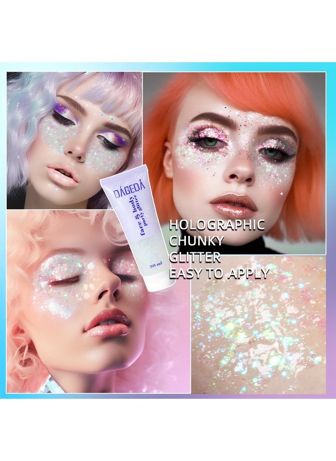 Body Glitter Gel, Face Glitter Body Gel Sequins Shimmer Liquid Eyeshadow, Chunky Glitter For Face Hair Nails, Holographic Cosmetic Laser Powder Festival Glitter Makeup 50Ml(White)